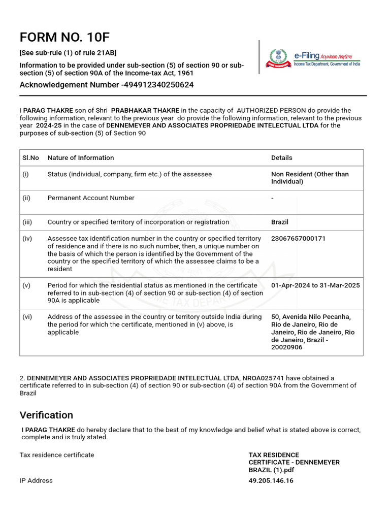 Form 10F Submission for Tax Residency | PDF | Payments | Taxation