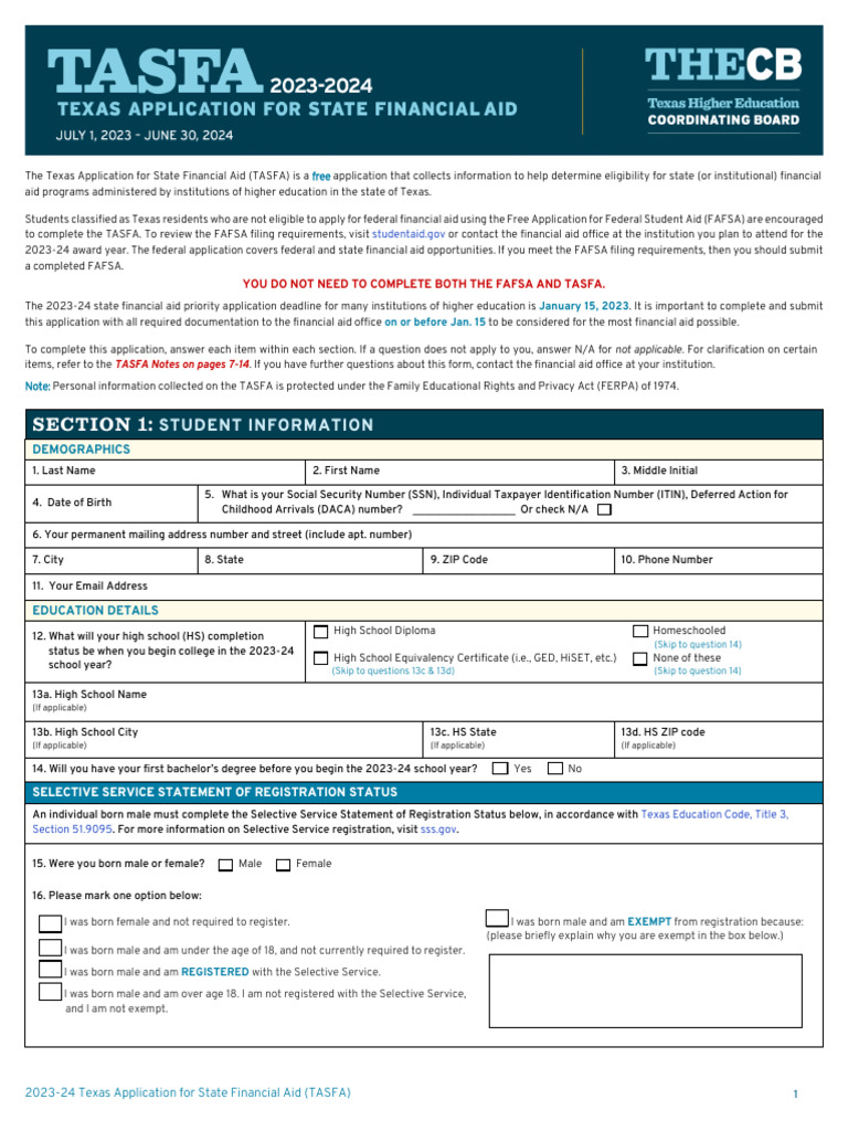 TASFA 2023-2024 English Application and Notes Fillable | PDF | Irs Tax ...