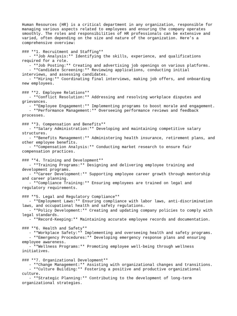 Comprehensive Hr Roles And Responsibilities Pdf Human Resource