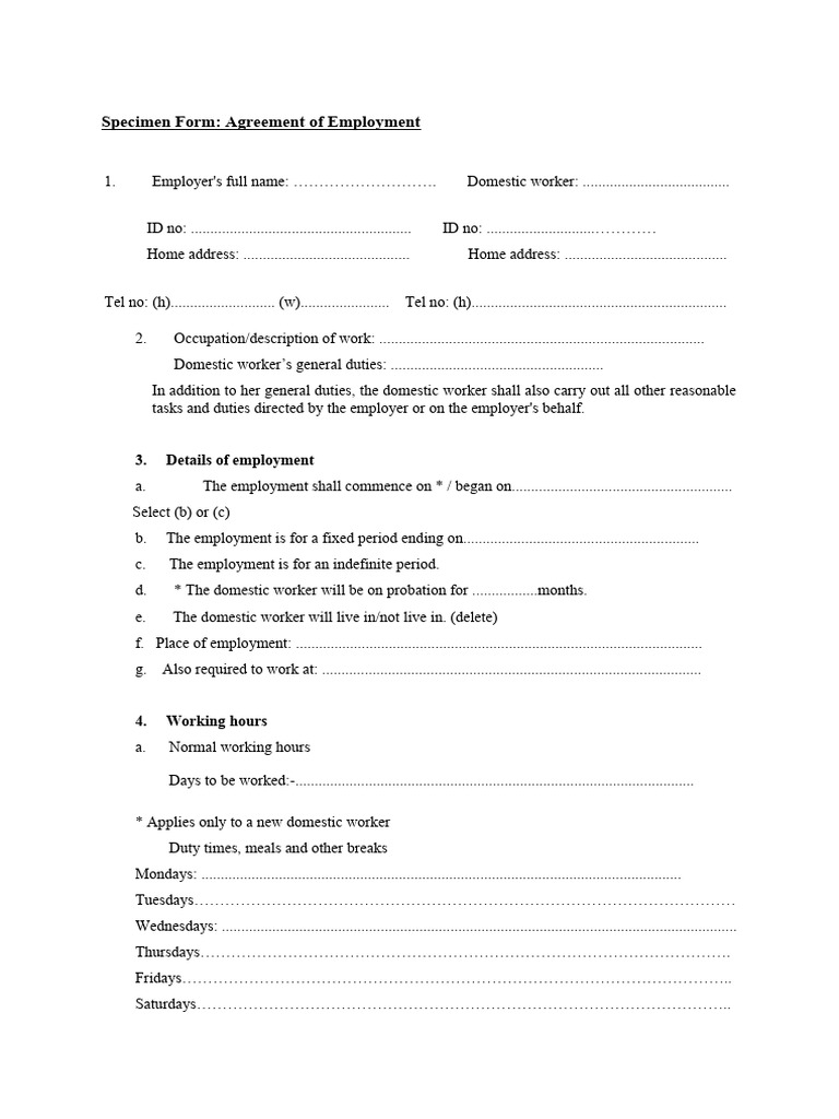 Domestic Worker Employment Contract Pdf Overtime Sick Leave