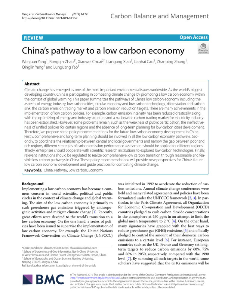 China's Pathway To A Low Carbon Economy: Carbon Balance and Management ...