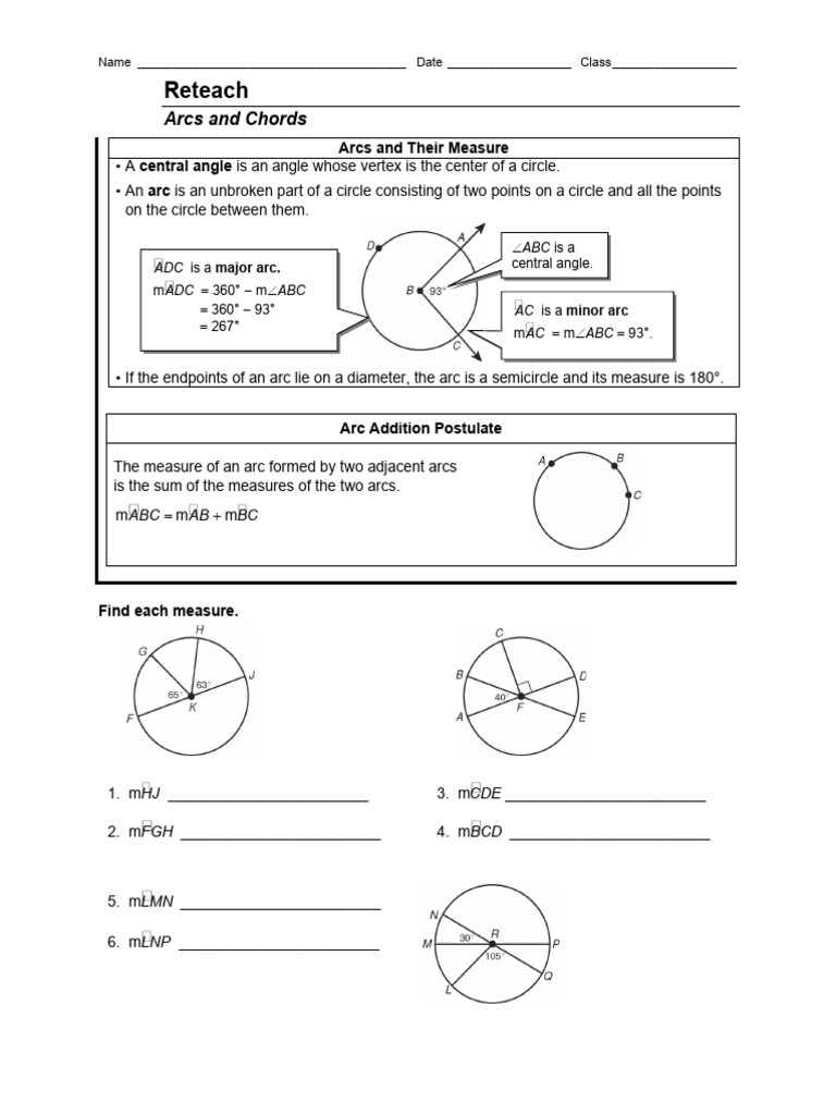 Arcs and Chords Reteach | PDF | Angle | Circle