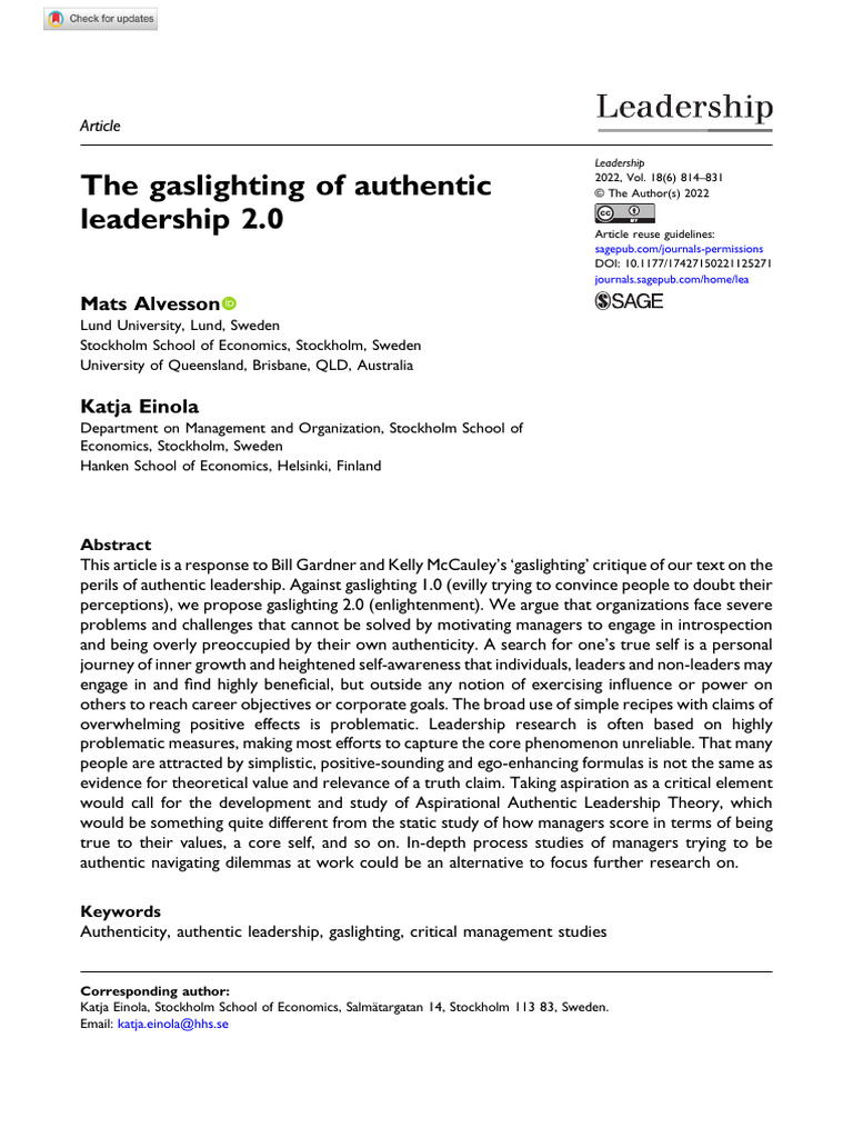 Alvesson einola 2022 the gaslighting of authentic leadership 2 0 pdf