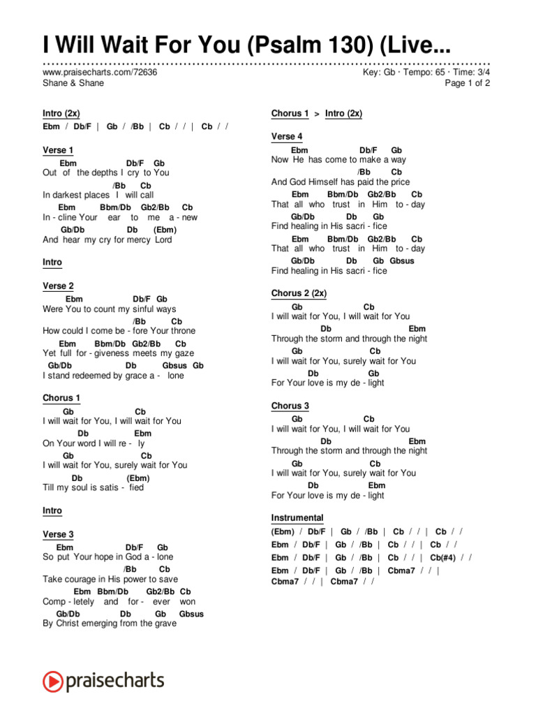I will wait for you psalm 130 live shane shane chord chart gb