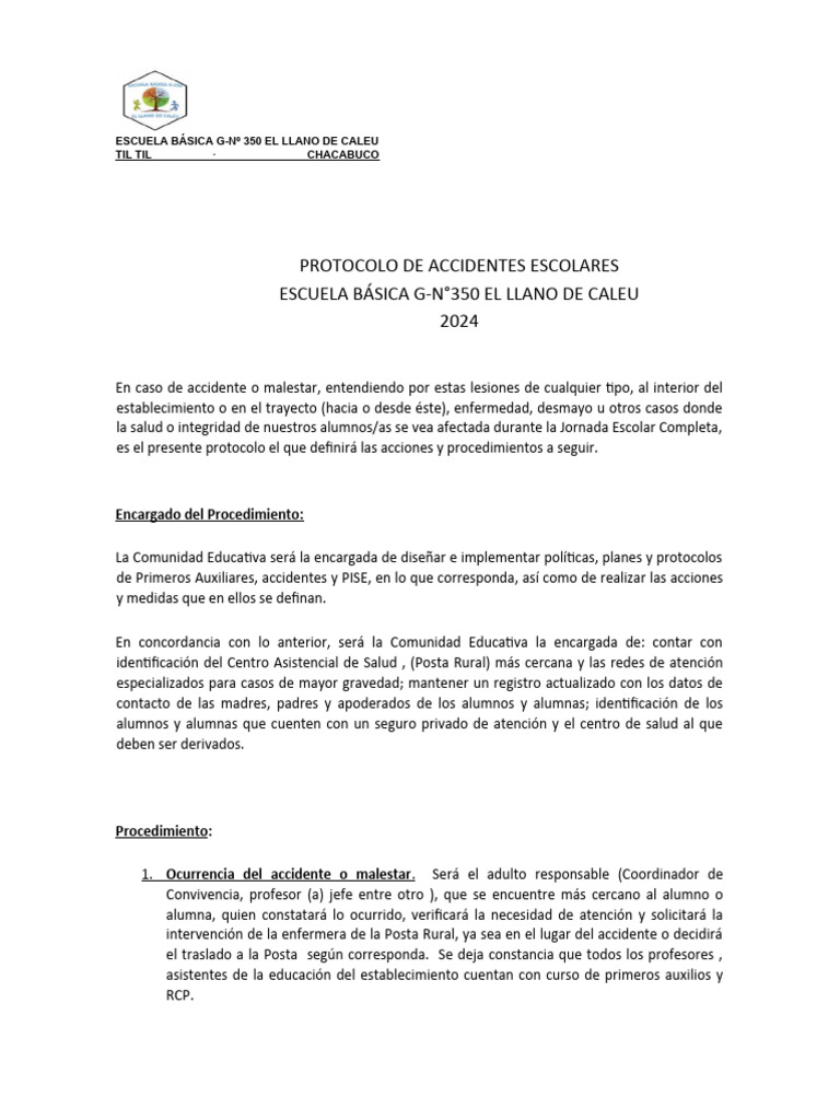 Protocolo de Accidentes Escolares 2024 | PDF | Primeros auxilios | Herida