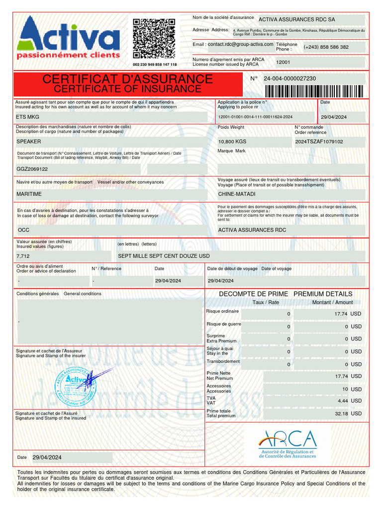 Activa Assurances RDC : Certificat 2024 | PDF | Services (Économie ...