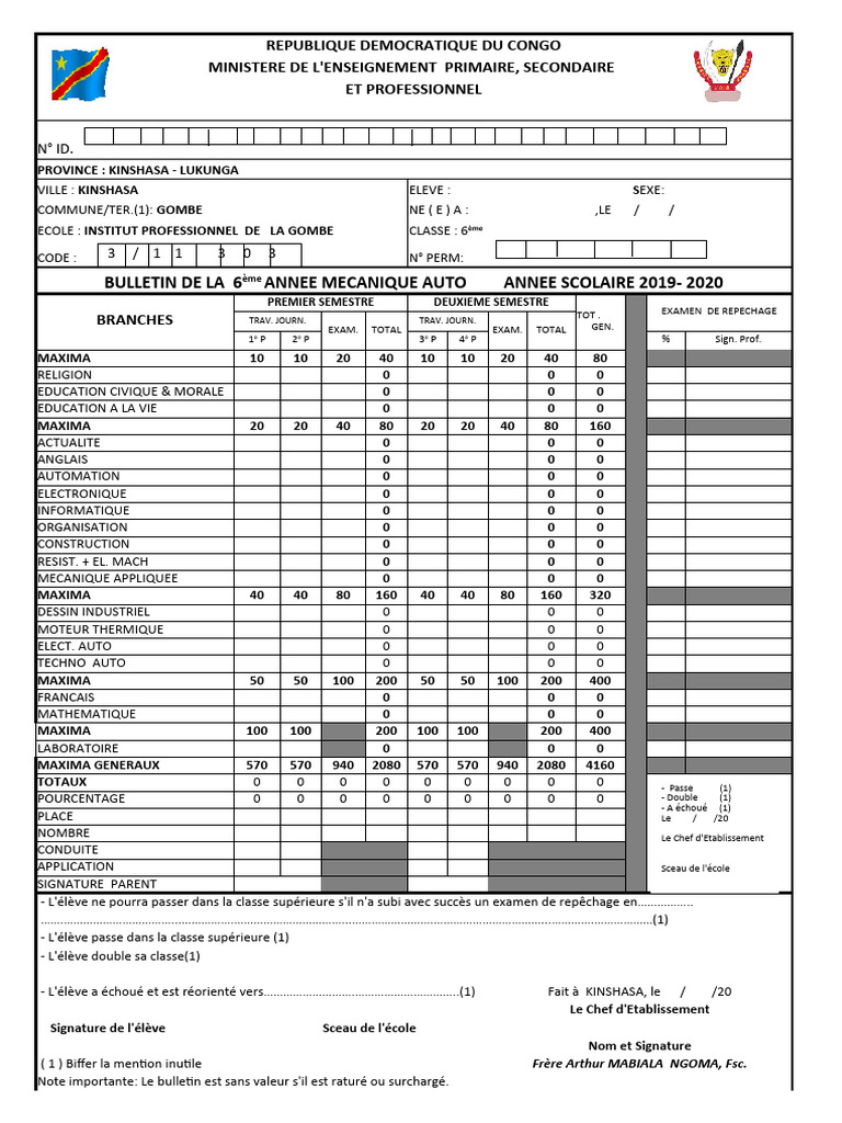 Bulletin scolaire 6ème année RDC | PDF | Ingénierie