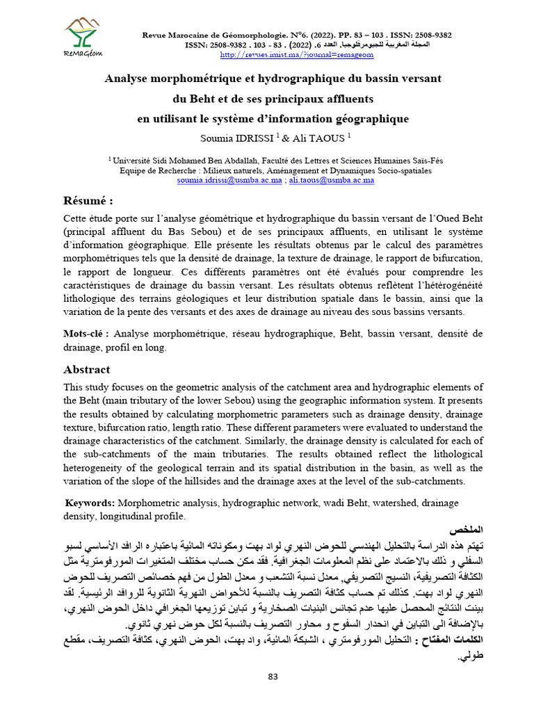 Analyse morphométrique du bassin Beht | PDF | Bassin versant | Sciences ...