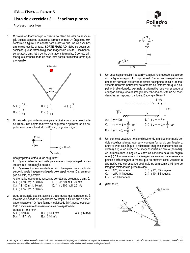 Exercícios sobre Espelhos Planos - Física | PDF | Espelho | Velocidade
