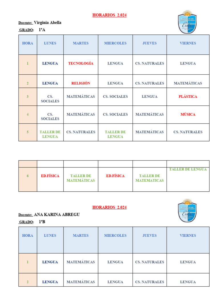 Horarios Escolares 2024 1ºA y 1ºB | PDF | Estudios de idiomas extranjeros