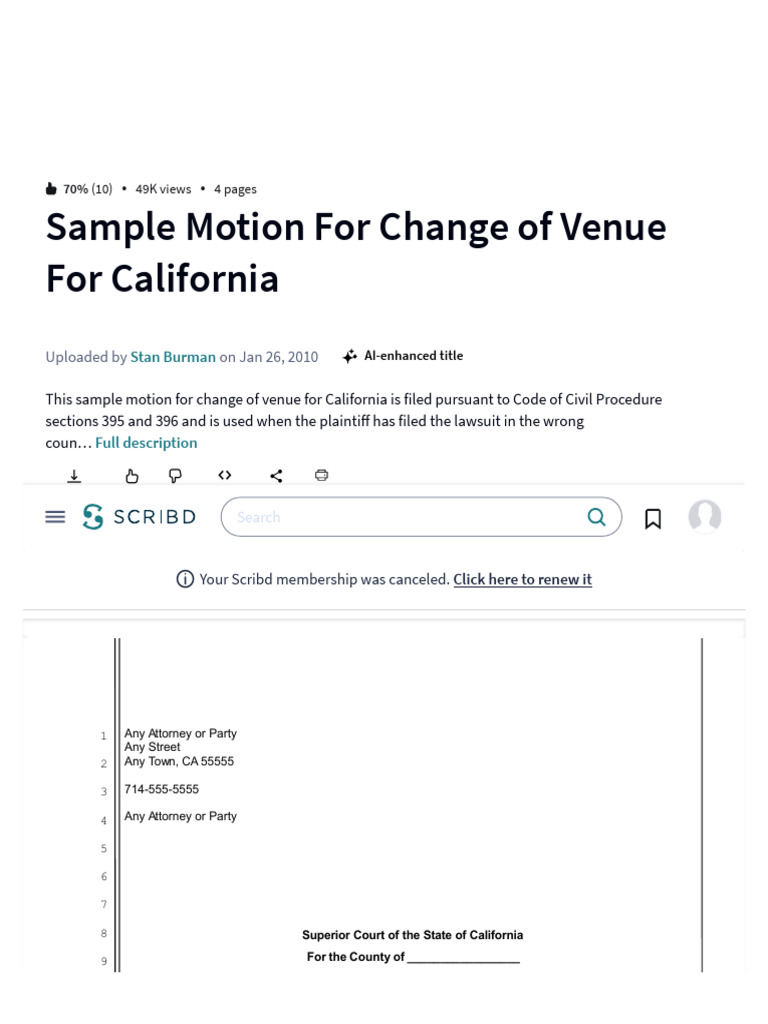 California Change of Venue Motion Sample | PDF | Scribd | Civil Law ...