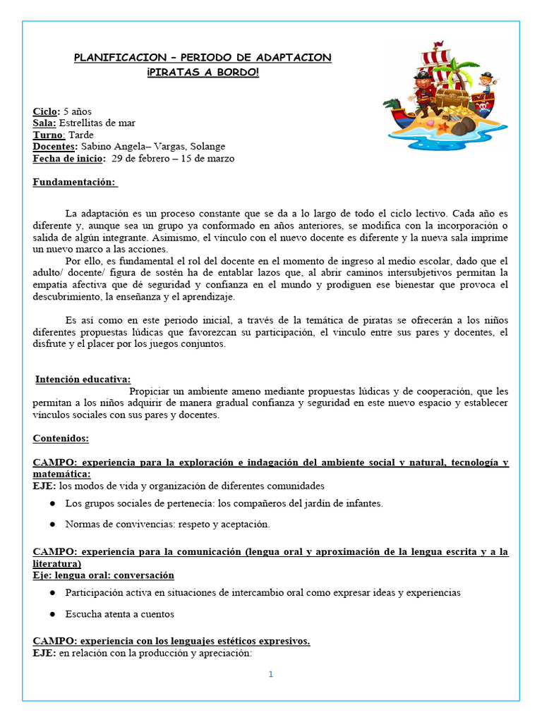 Periodo Adaptacion - Piratas - Sala5 | PDF | Educación de la primera  infancia, image size:768x1024