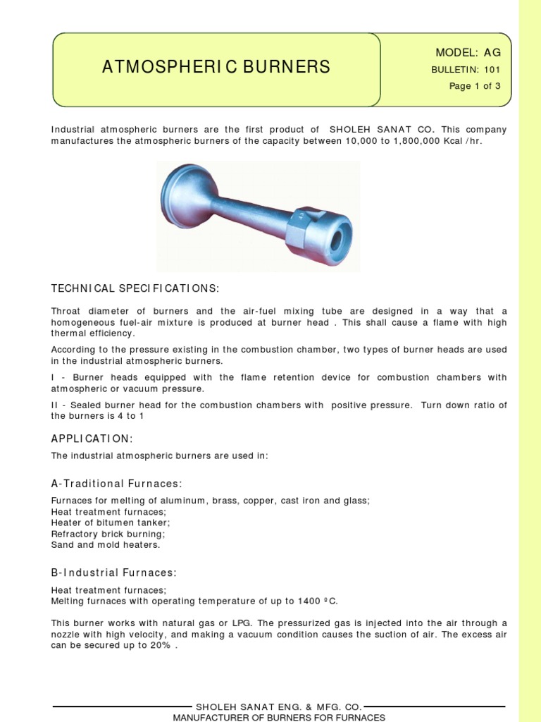 Bulletin 100 Gas Burnersbulletin 101 Atmospheric Burner ( Ag ) Furnace Combustion