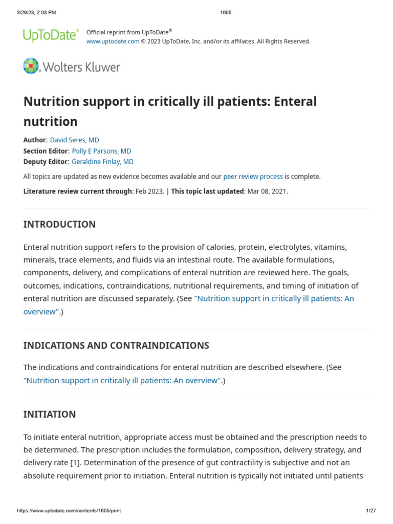 Nutrition Support in Critically Ill Patients Enteral Nutrition | PDF ...
