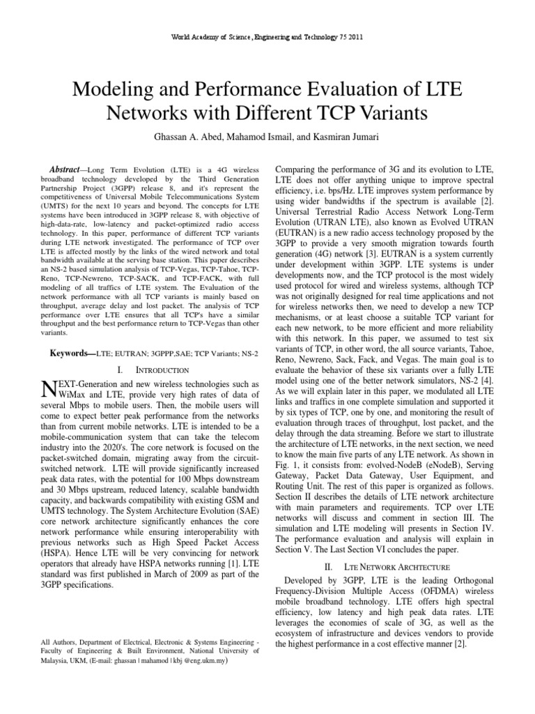 Modeling and Performance Evaluation of LTE Networks With Different TCP ...