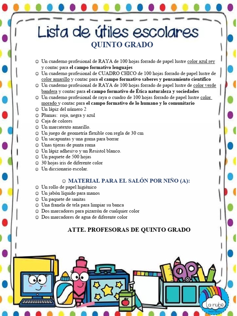 Lista de útiles escolares 5to grado 2025 | PDF