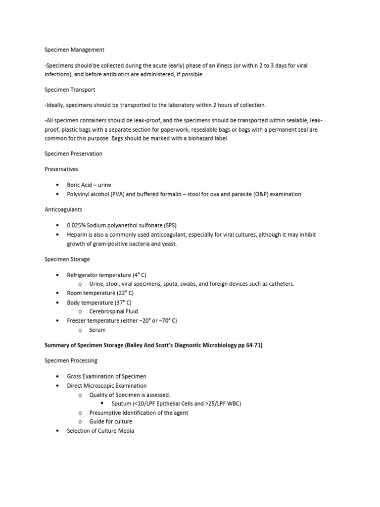 Specimen Management and Processing Guide | PDF | Growth Medium ...