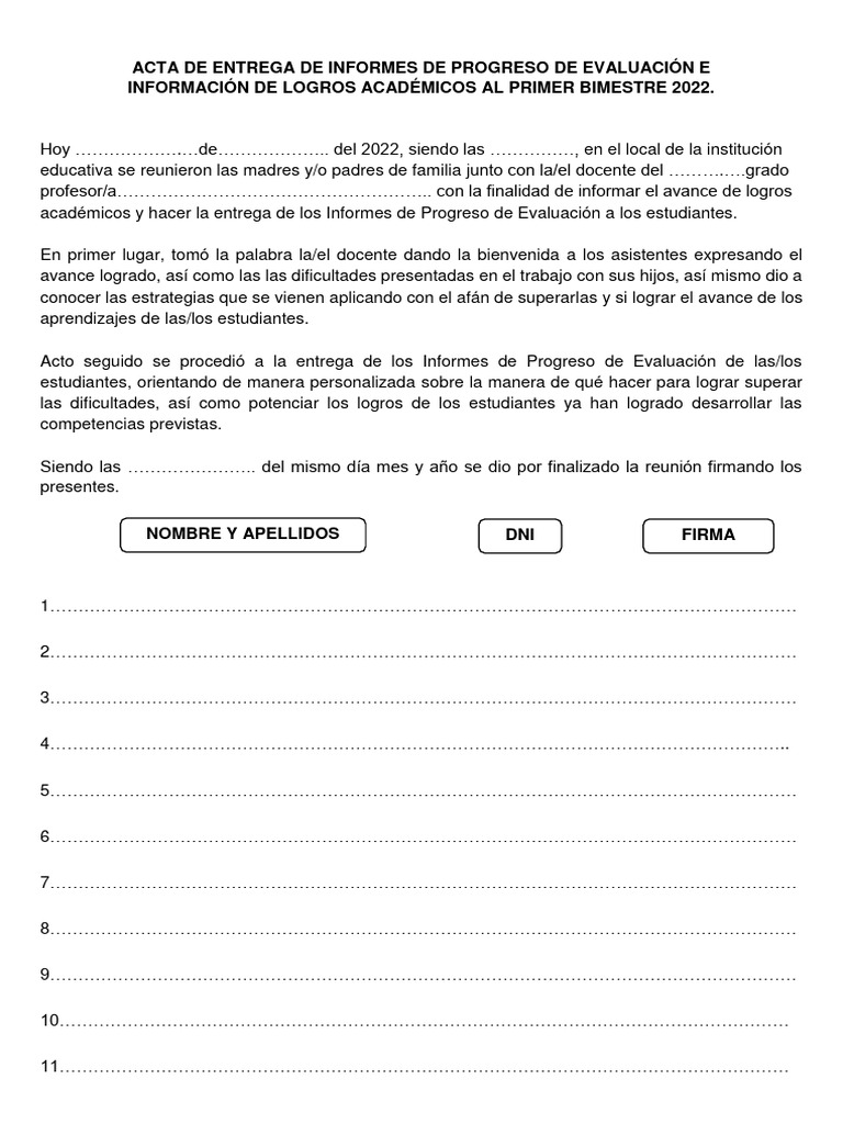 Acta de Entrega de Informes de Progreso de Evaluación e Información de ...