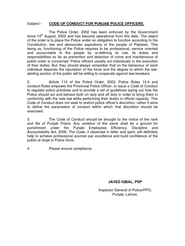 Code Of Conduct For Punjab Police Officers Police Officer Police