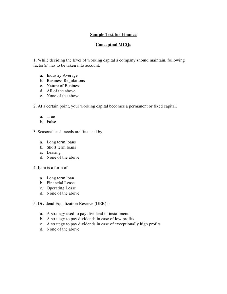 Finance MCQs Sample Test Guide | PDF