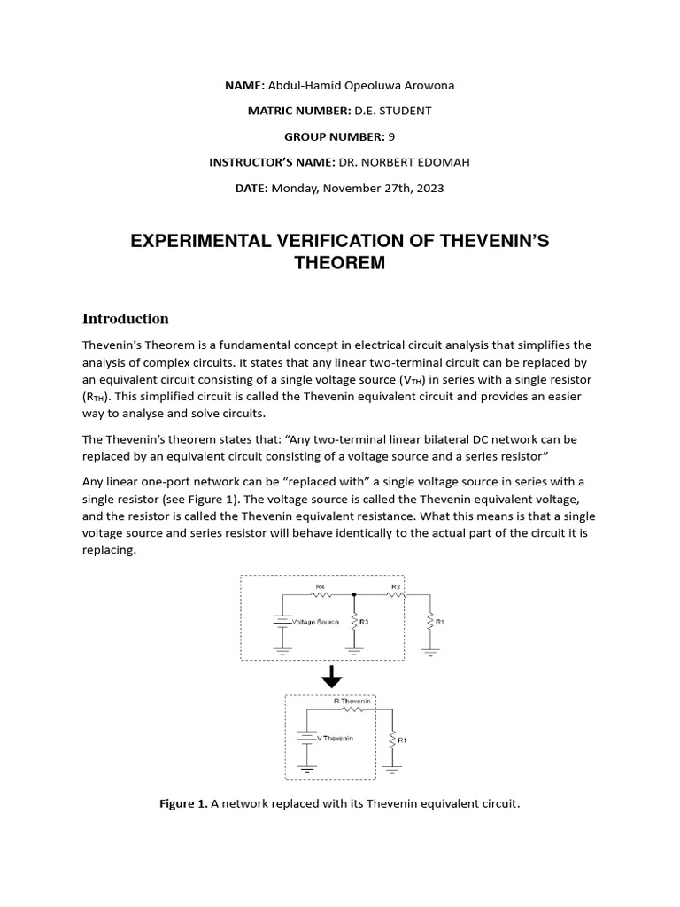 Experimental Verification of Thevenin's Theorem | PDF | Electrical ...