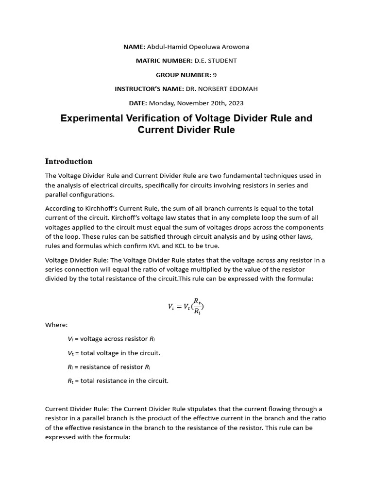 Voltage and Current Divider Rules Experiment | PDF | Resistor ...