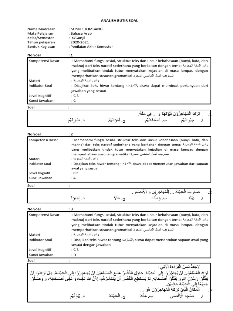 Analisis Soal Bahasa Arab Kelas IX | PDF