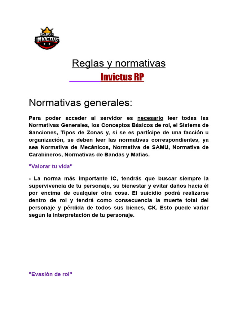 Reglas y Normativas de Roleplay en Invictus RP | PDF | Policía | Chat ...