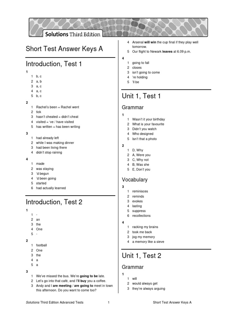 Sol3e Adv Short Test Answer Keys A | PDF