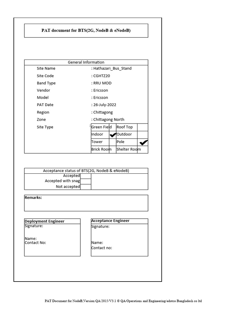 NodeB PAT Document for Hathazari Site | PDF | Electrical Engineering ...