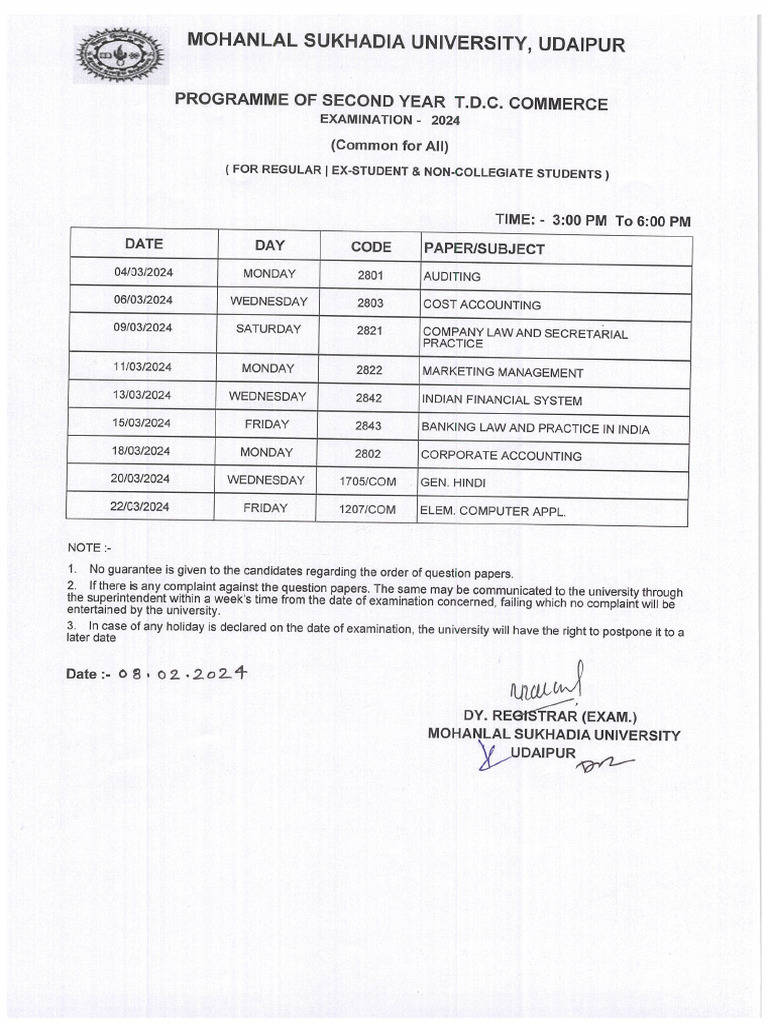 B.com Second Year Examination 2024 Time Table | PDF