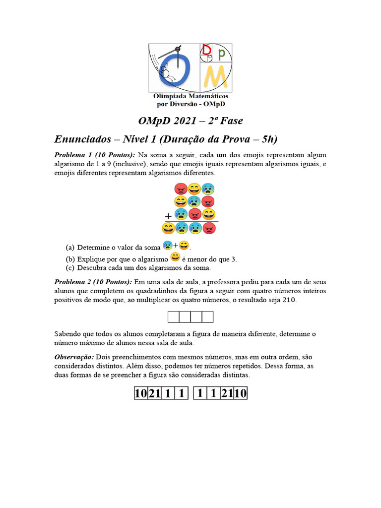 Enunciados OMpD 2021 - Nível 1 e 2 | PDF | Números | Partícula elementar