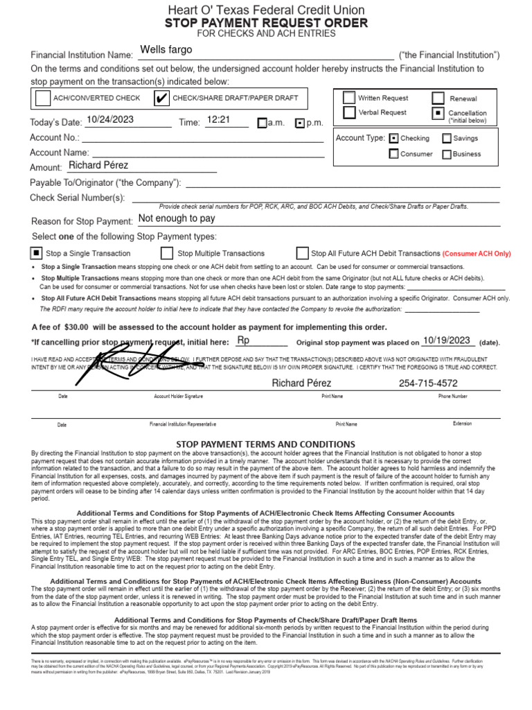 Stop Payment Request Order Richard Perez | PDF | Cheque | Debit Card