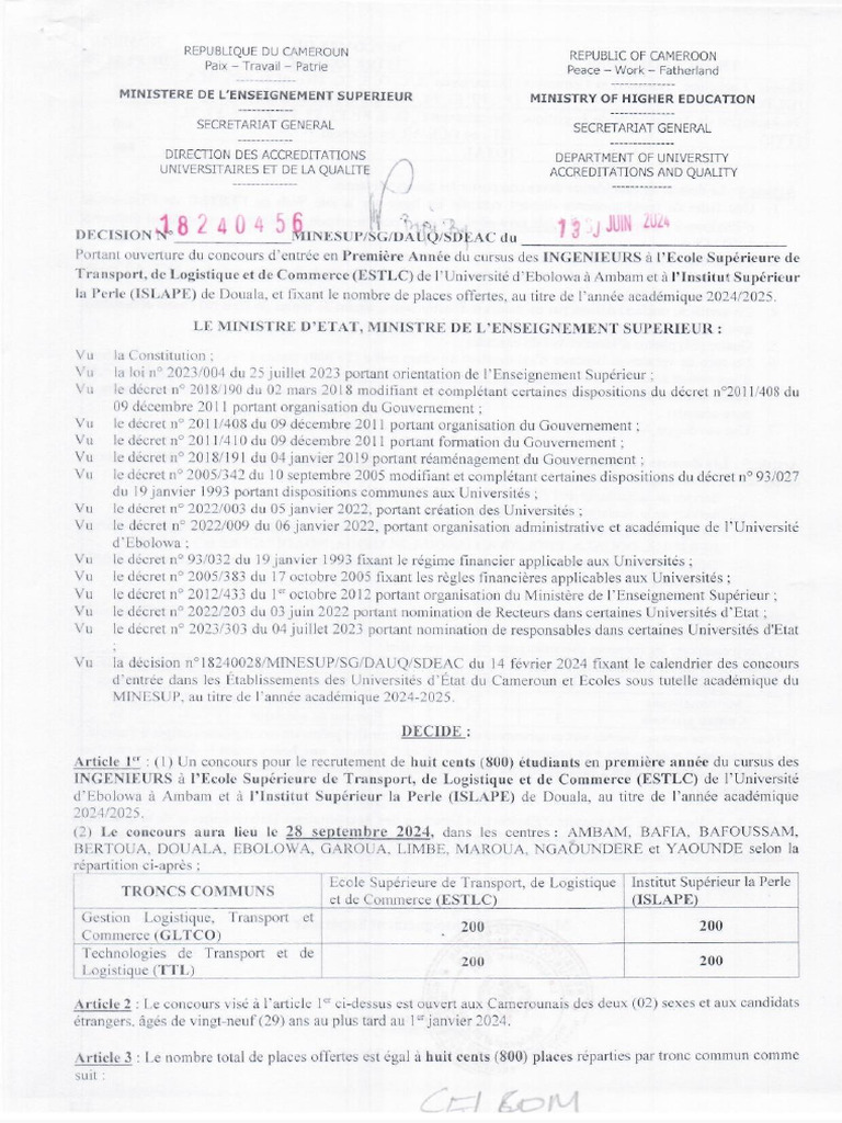 Concours ESTLC Ambam UEb 2024 1ere Annee Ingenieurs FR | PDF