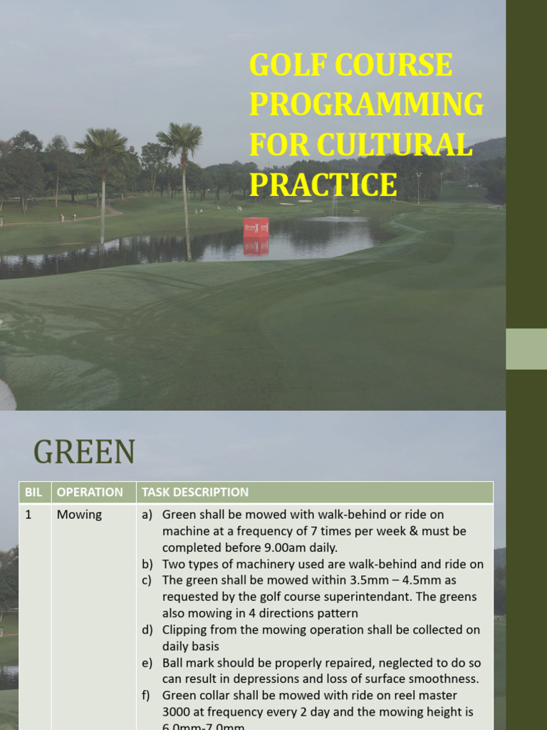 Golf Course Maintenance Operations Guide | PDF | Golf Course | Mower