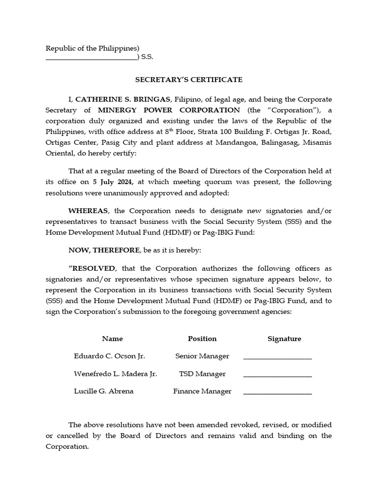 Secretary's Certificate for Minergy Power | PDF | Government