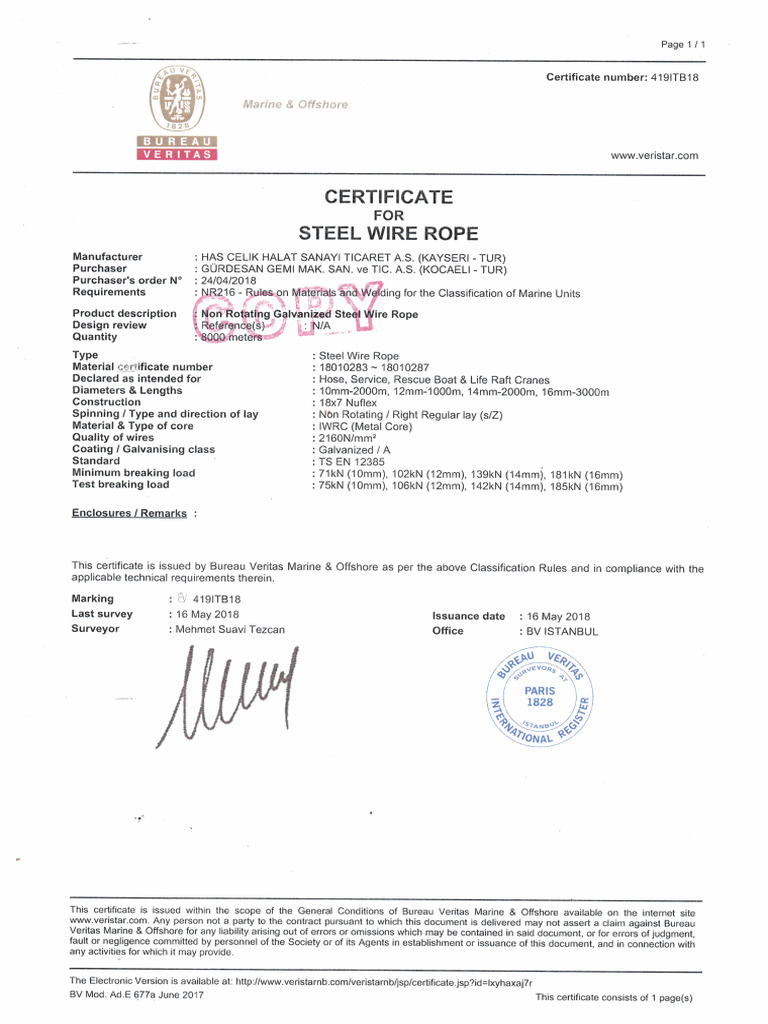 Wire Rope Cert. | PDF