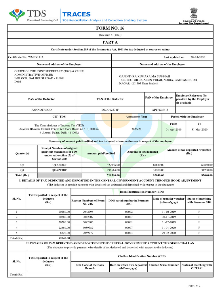 Form 16 | PDF | Tax Deduction | Pension