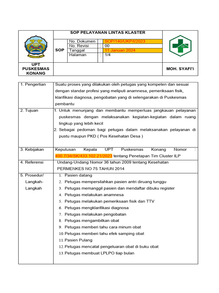 SOP Pelayanan Pustu dan Klaster ILP | PDF | Kesehat…