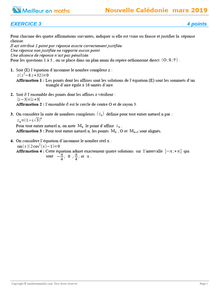 Terminale S Nouvelle Caledonie Mars 2019 Ex3 | PDF | Nombre complexe ...