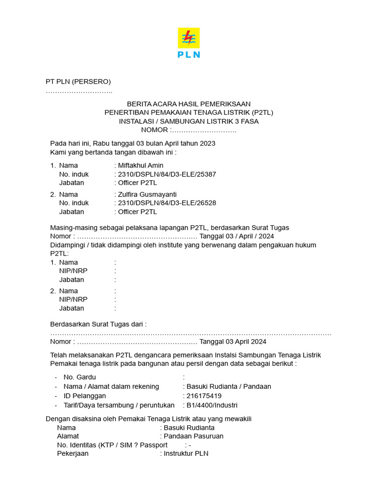 Berita Acara P2TL PLN 2023 | PDF