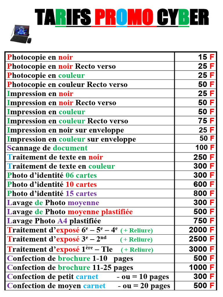 Tarifs De Services D impression Et Photocopie PDF dition Impression