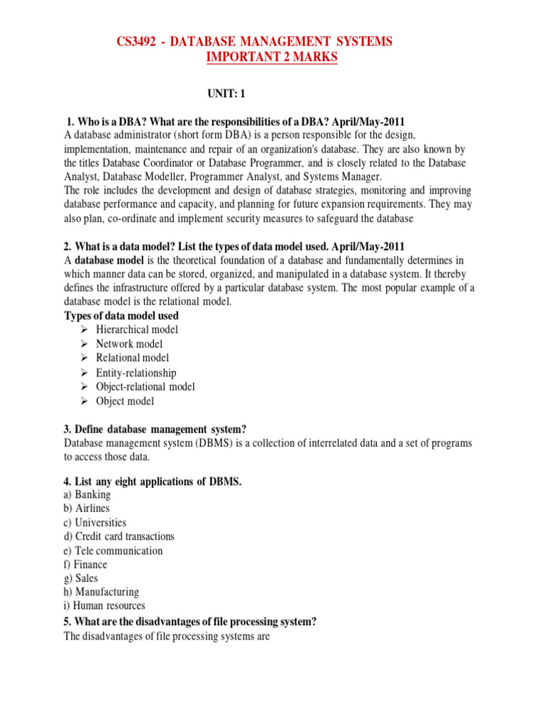 CS3492 DBMS-Important-2-Mark With Answer | PDF | Databases | Database ...
