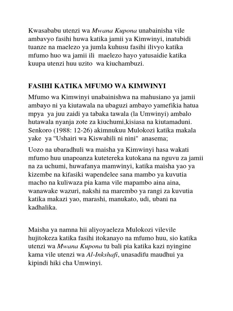 Fasihi Katika Mfumo Wa Kimwinyi | PDF