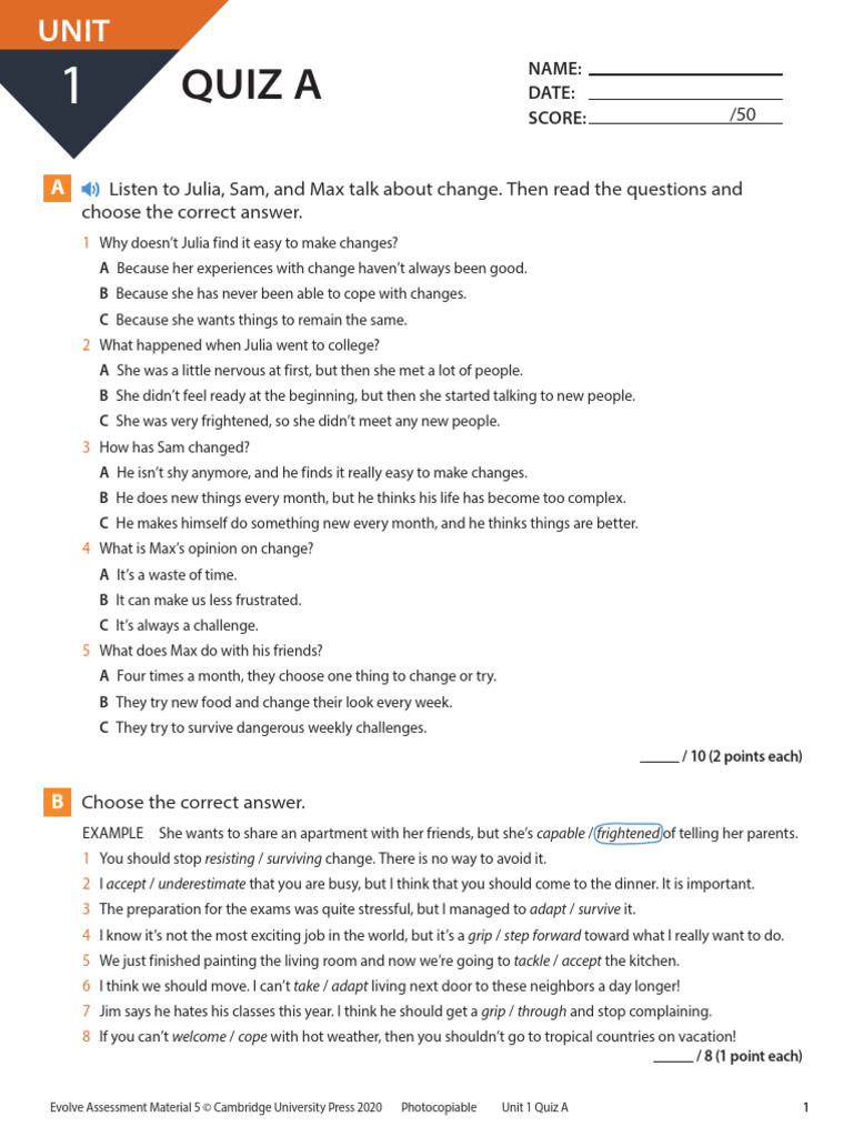Evolve 5 Unit 1 Quiz Answers | PDF | Bali | Natural Environment