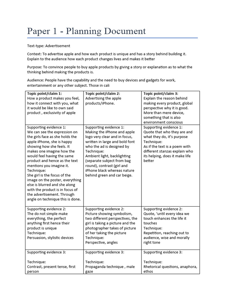 (B) Paper 1 - Planning Template (Language and Literature) | PDF | Apple ...