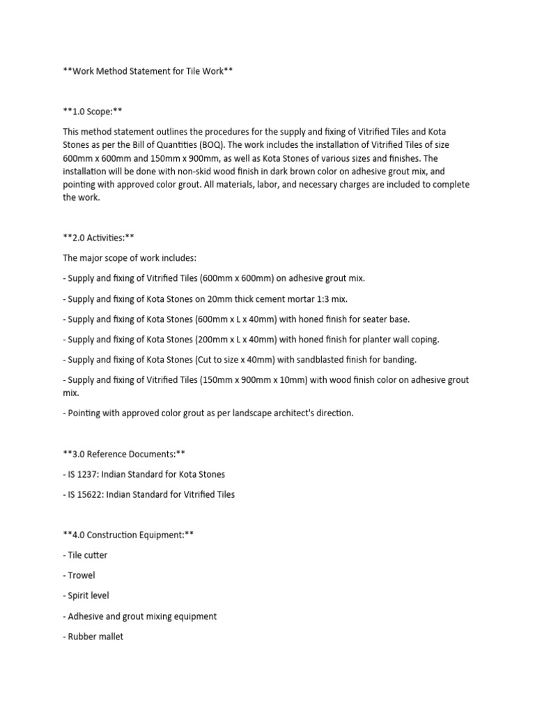 Work Method Statement For Tile Work Pdf Tile Adhesive