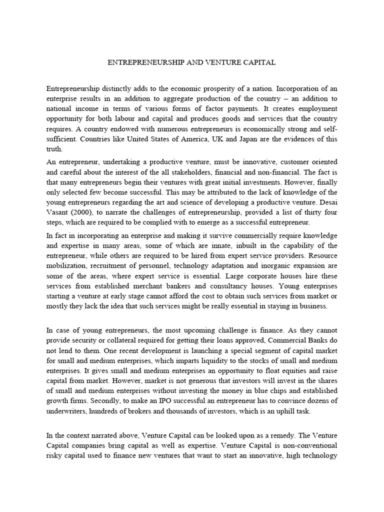 Venture Capital's Role in Entrepreneurship | PDF | Venture Capital ...