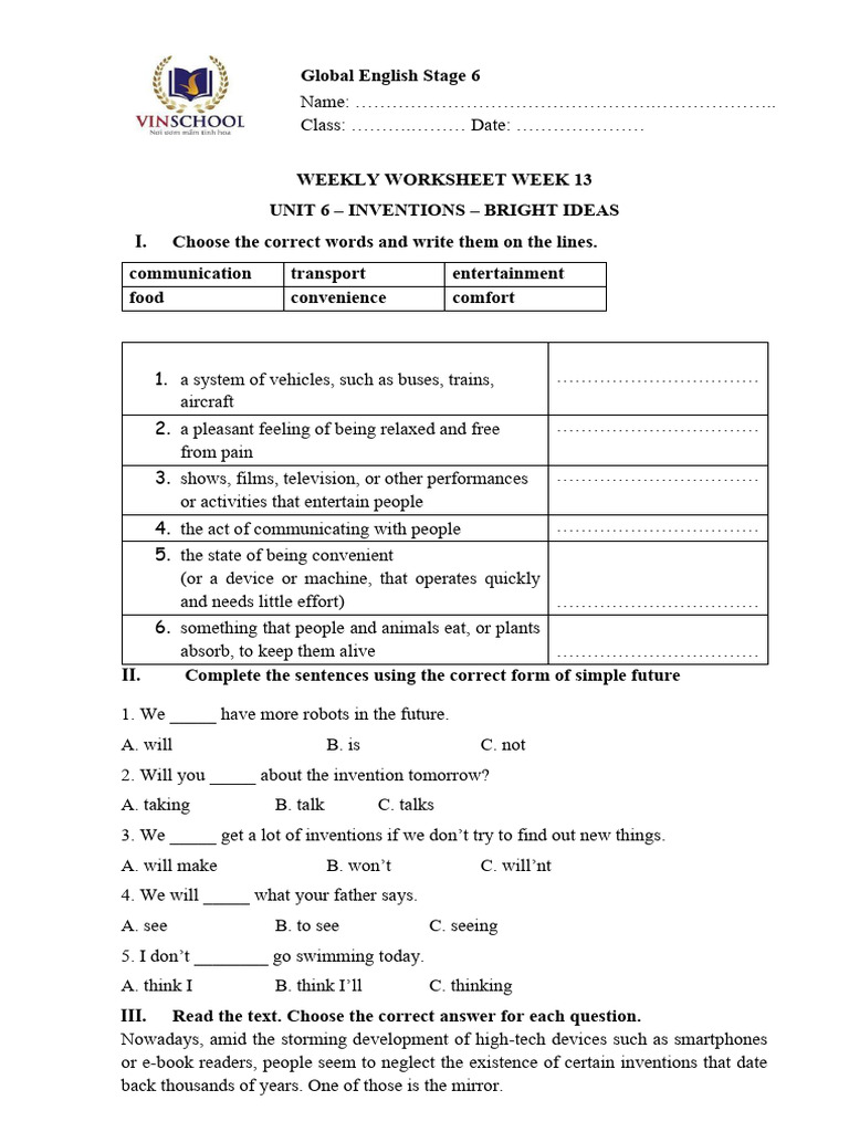 S6 W13 U6 Weekly+Worksheet+ | PDF | Mirror | World Wide Web