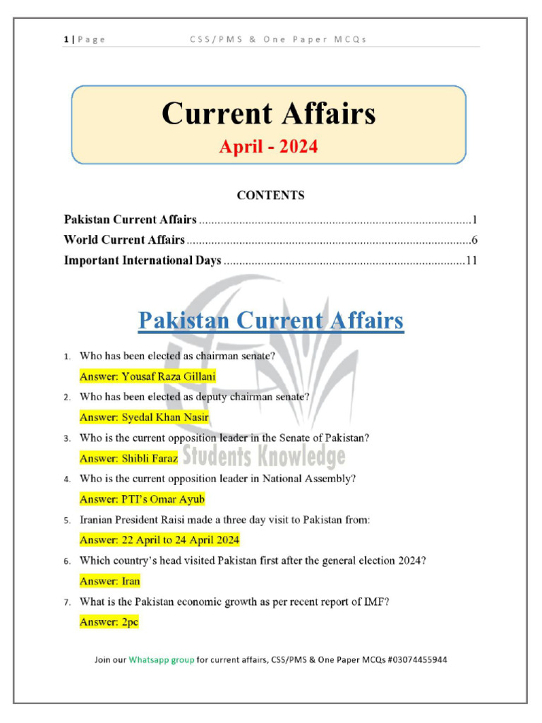April 2024 - Full Month Current Affairs | PDF